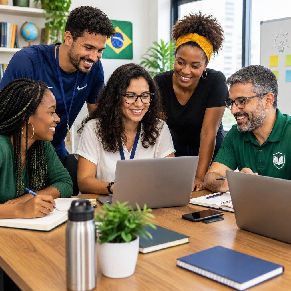 Diverse team collaborating around a table with laptops