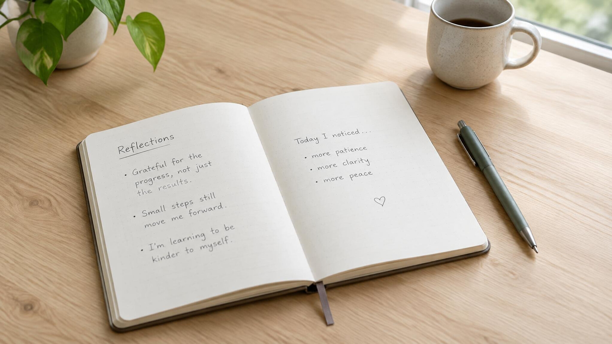 Open notebook with handwritten notes and a pen on a desk