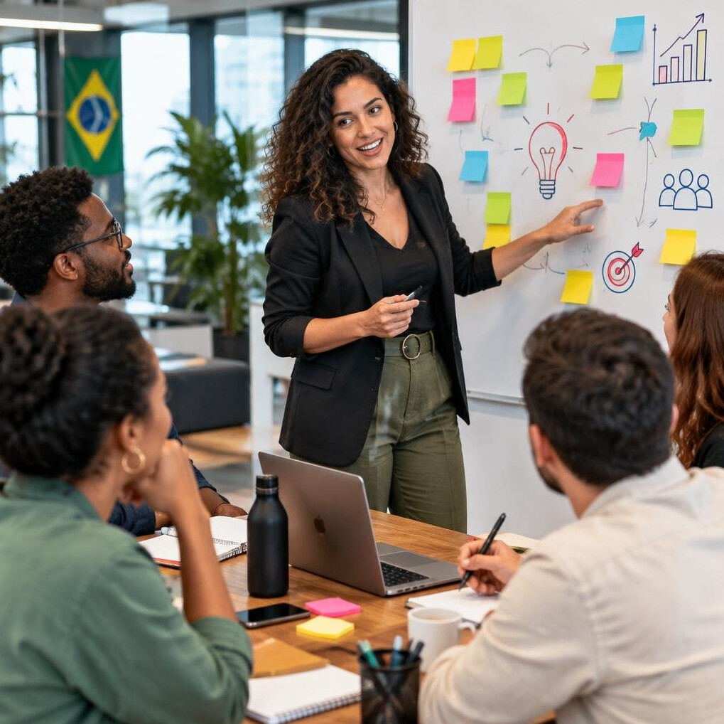 Team leader explaining ideas on a whiteboard to colleagues